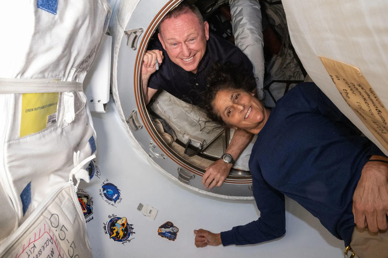 NASA’s Boeing Crew Flight Test astronauts Butch Wilmore and Suni Williams inside the vestibule between the forward port on the International Space Station’s Harmony module and the Starliner spacecraft. (NASA)