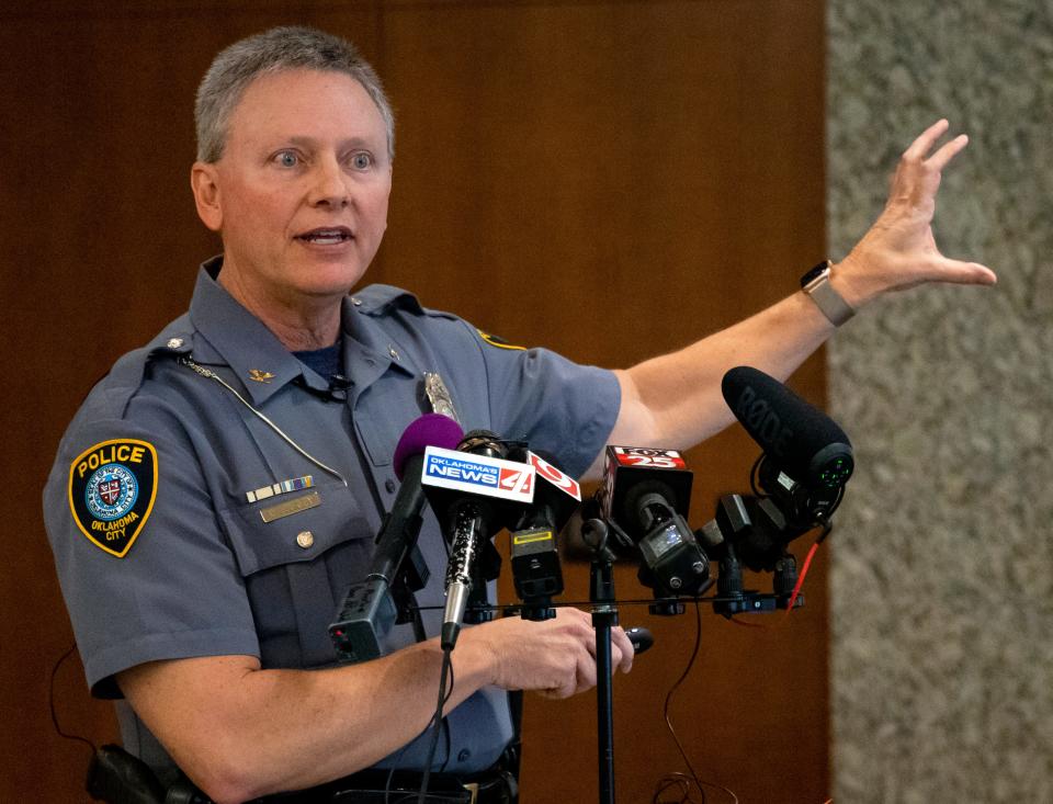 Oklahoma City Police Chief Wade Gourley gives an update on an Oklahoma County jail shooting during a 2021 news conference.