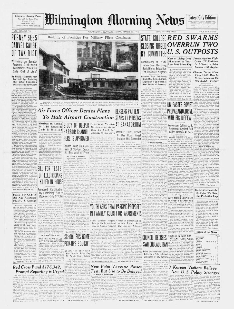 Front page of the Wilmington Morning News from March 27, 1953.