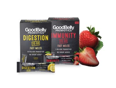 GoodBelly To Go&#x002122; Fast Melts are shelf-stable, quick-dissolving probiotic powders. Both flavors will soon be available at brick-and-mortar locations nationwide and are currently available at GoodBelly.com and Amazon.