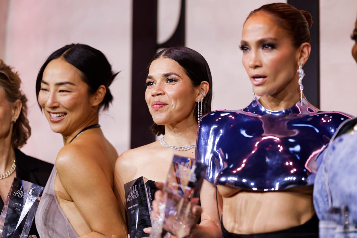 "Past Lives" star Greta Lee, left, "Barbie's" America Ferrera and Jennifer Lopez were among the nine honorees at Elle's 2023 Women in Hollywood celebration on Tuesday.
