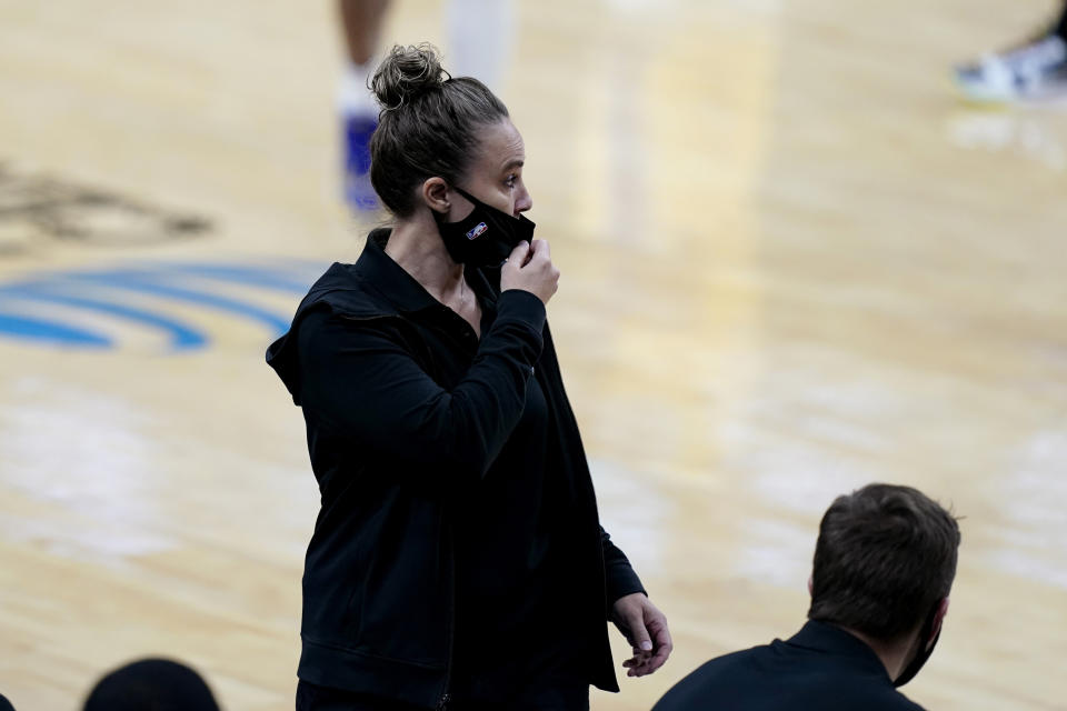 San Antonio Spurs assistant coach Becky Hammon leads the team in the second half against the Los Angeles Lakers in an NBA basketball game after coach Gregg Popovich was ejected, Wednesday, Dec. 30, 2020, in San Antonio. (AP Photo/Eric Gay)