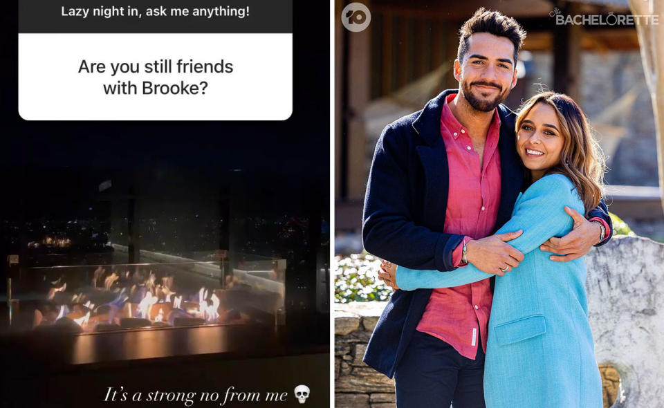 Left: a screenshot from Darvid's story showing a fireplace and the text: Are you still friends with Brooke? and: It's a strong no from me (with a skull emoji.) Right: A photo of Darvid and Brooke cuddling on the set of The Bachelorette