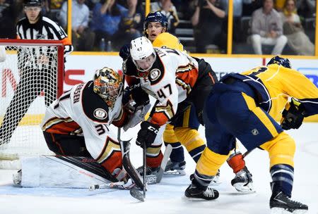 Apr 25, 2016; Nashville, TN, USA; Anaheim Ducks goalie Frederik Andersen (31) makes a save in traffic during the third period against the Nashville Predators in game six of the first round of the 2016 Stanley Cup Playoffs at Bridgestone Arena. Christopher Hanewinckel-USA TODAY Sports