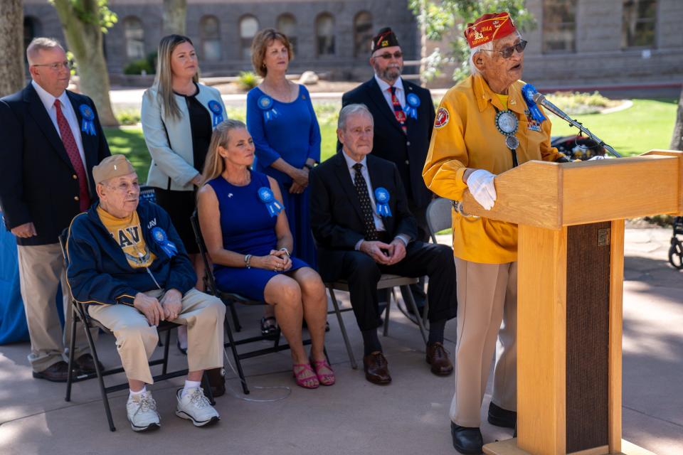 World War II, U.S. Marine Corps veteran Navajo Code Talker Thomas Begay, 99, speaks during a news conference announcing the names of the 27th annual Phoenix Veterans Day Parade’s grand marshalls at the Arizona state Capitol Rose Garden in Phoenix on Oct. 11, 2023.