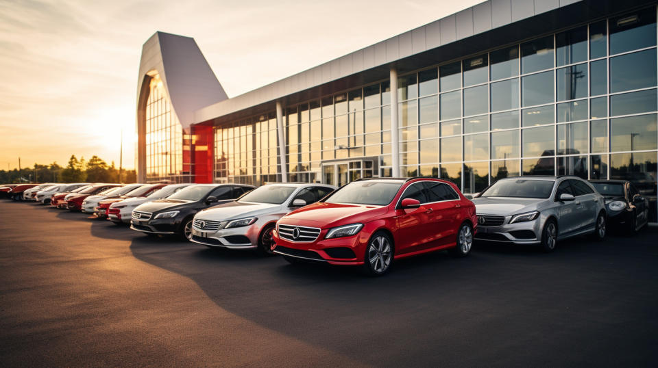 A dealership showroom full of new and used cars representing the company's selection.