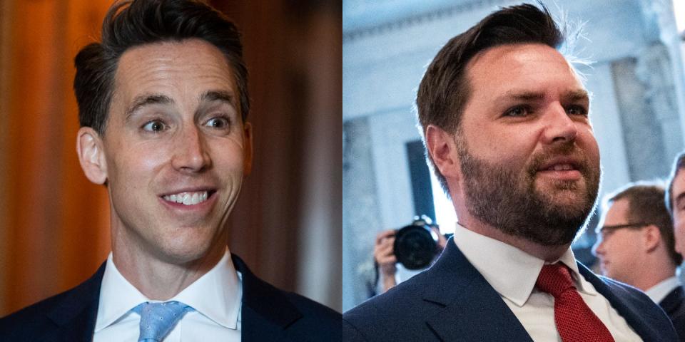 Republican Sen. Josh Hawley of Missouri and Ohio GOP Senate nominee JD Vance, both of whom Masters names as potential "America First" caucus-mates.