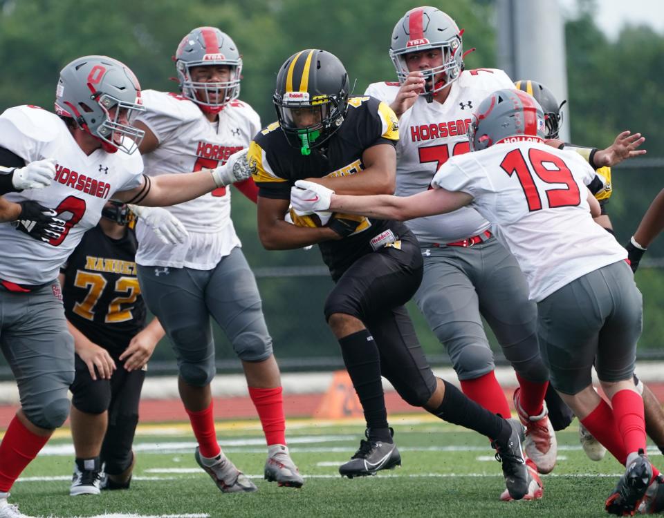 Nanuet's Blake Flowers (4) with the carry during their 29-0 win over Sleepy Hollow in football action at Nanuet High School on Saturday, September 9, 2023. 