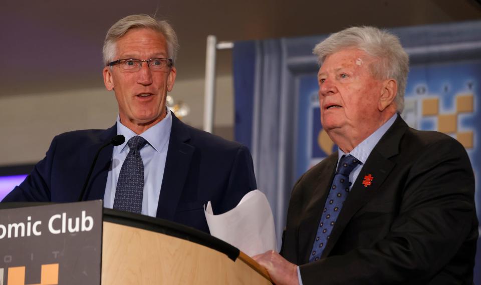 Detroit Tigers radio broadcast team of Dan Dickerson, left, and Jim Price introduce the 2022 Tigers to the crowd during a Detroit Economic Club luncheon in a ballroom at the Motor City Casino Hotel in Detroit on Wednesday, May 11, 2022.