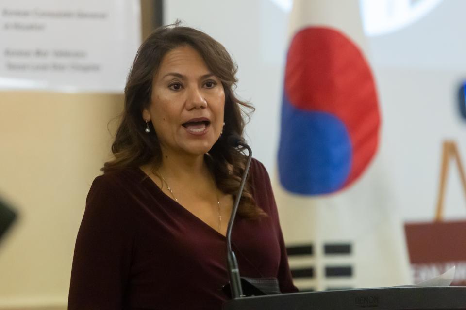 Congresswoman Veronica Escobar speaks at the Continuing the Legacy of Korean War Veterans, hosted by Korean American Association of El Paso and the Peaceful Unification Advisory Council in El Paso on Saturday, Jan. 15, 2022.