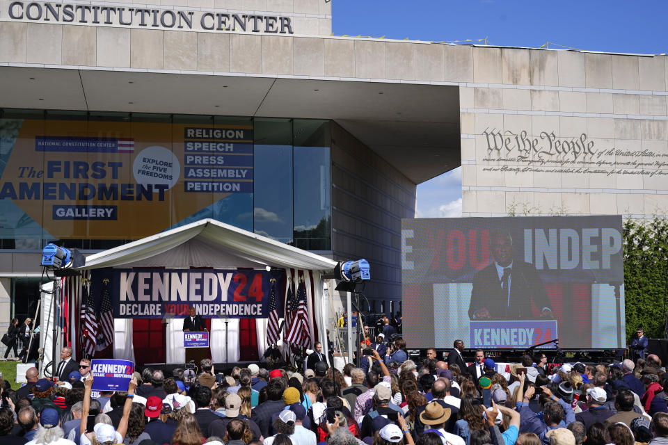 Presidential candidate Robert F. Kennedy, Jr. speaks during a campaign event at Independence Mall, Monday, Oct. 9, 2023, in Philadelphia. (AP Photo/Matt Rourke)
