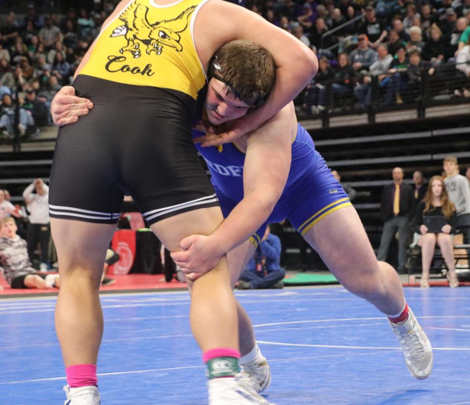 Redfield's Grady Fey shoots for a takedown against Canton's Traun Cook during the Class B 285-pound championship on Saturday, Feb. 24, 2023 in the South Dakota State Wrestling Championships at The Monument in Rapid City.