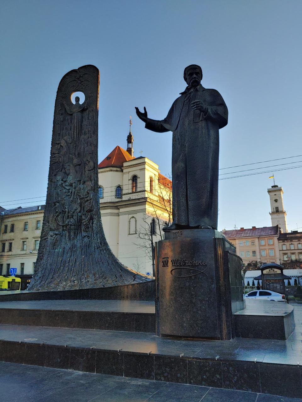 The Taras Shevchenko Monument that memorializes the namesake Ukrainian poet and nationalist stands in the heart of the city of Lviv, Ukraine on the morning of Oct. 21, 2022. There is also a memorial to Shevchenko at the National Mall and Memorial Parks in Washington, D.C., erected in 1964 to commemorate the 150th anniversary of Shevchenko's birth. The 19th century artist spent many years imprisoned by tsarist Russian authorities because of his pro-Ukrainian independence activities, according to the National Park Service.