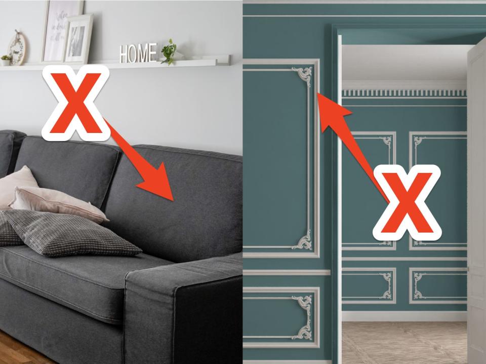 Gray couch with pillows and shelf with picture frames and decorations above and red arrow and X pointing to couch and white trim on blue wall and red X pointing to trim