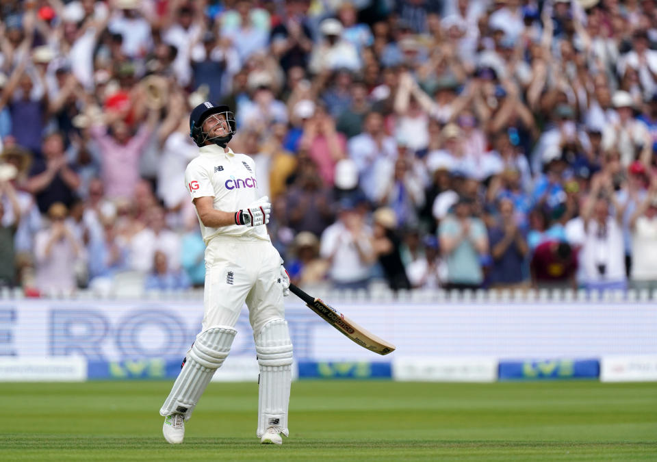 England's Joe Root celebrates after scoring his century during day three of the cinch Second Test match at Lord's, London. Picture date: Saturday August 14, 2021. (Photo by Zac Goodwin/PA Images via Getty Images)