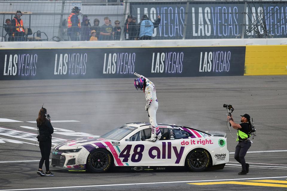 Alex Bowman celebrates after winning the 2022 Pennzoil 400 at Las Vegas Motor Speedway on March 6.