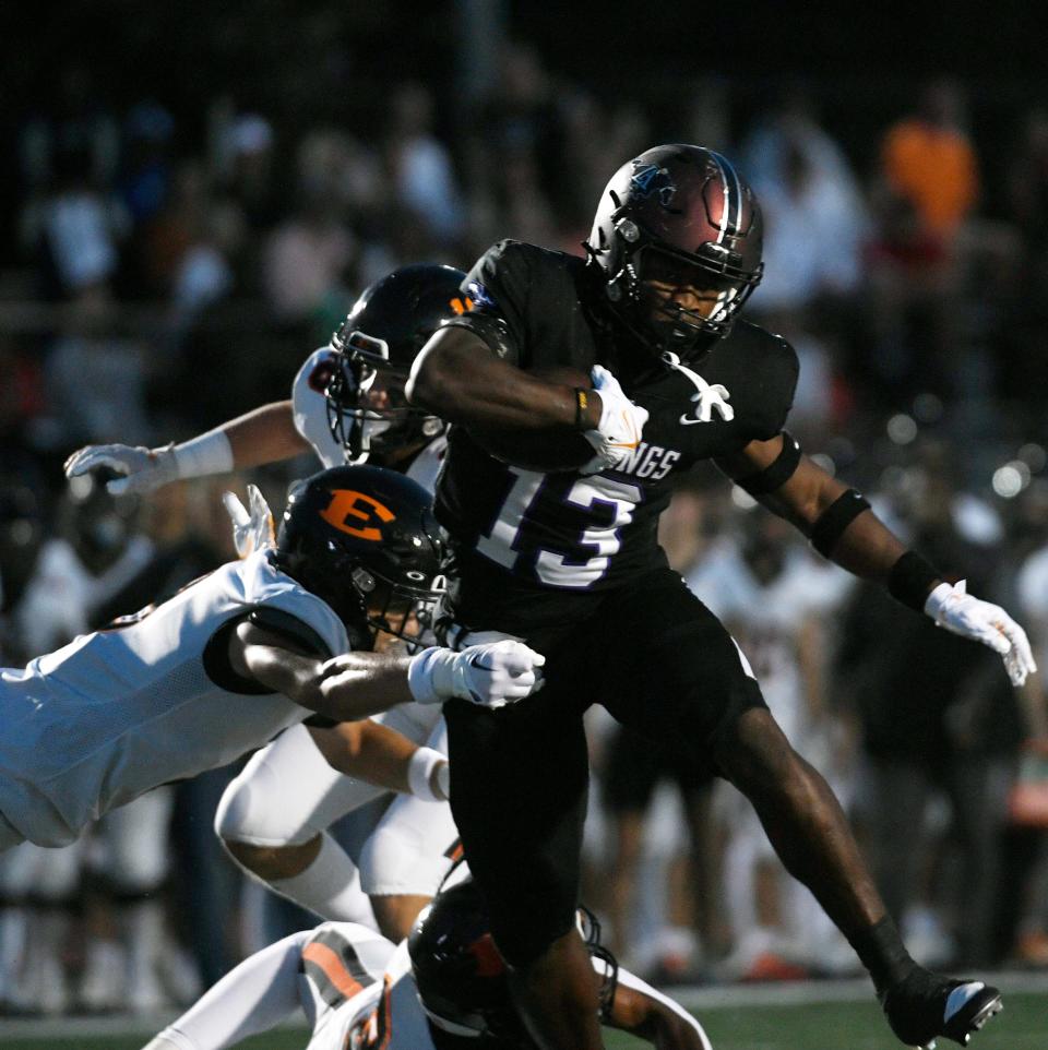 Lipscomb Academy High School’s Edwin Spillman, runs the ball during the game against Ensworth at Lipscomb Academy High School Football Stadium in Nashville , Tenn., Friday, Sept. 15, 2023.