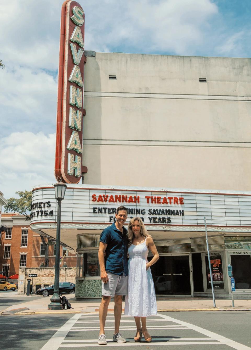 Matthew and Michelle Meece stand in front of the Savannah Theatre, located at 222 Bull St.