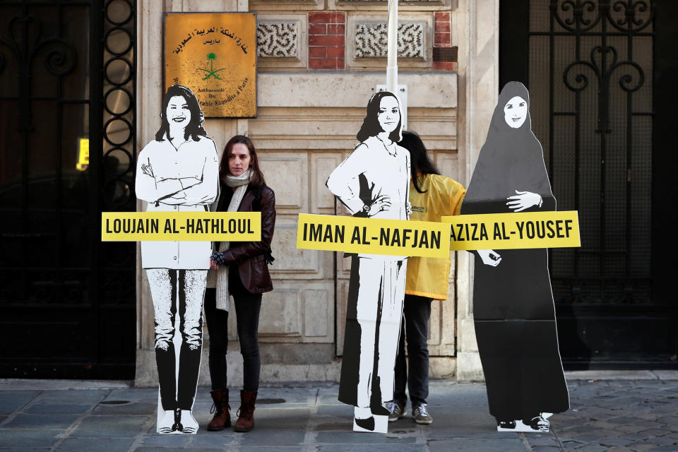 Image: Demonstrators from Amnesty International protest outside the Saudi Arabian Embassy on International Women's day in Paris (Benoit Tessier / Reuters)