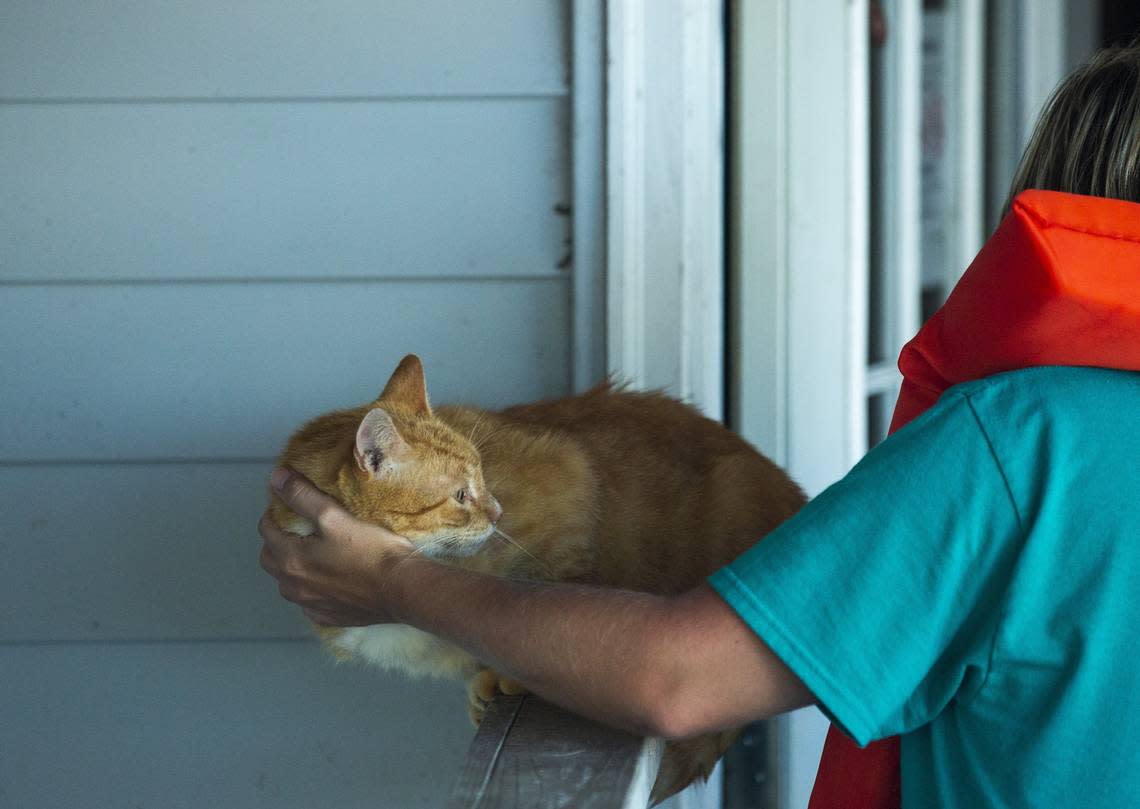 Local firefighter Chasity Hewett, and her fiance, Fire Chief Westly Dorsch, on Wednesday, Sept. 20, 2018, helped a US Coast Guard crew navigate flooded streets to rescue pets in their tight-knit community of Crusoe Island, NC, in Columbus County.