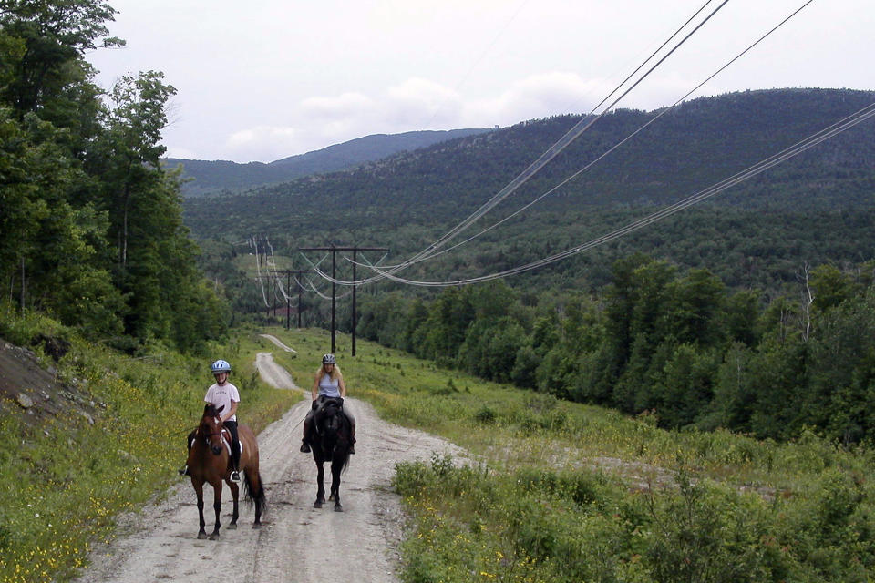 FILE - In this undated photo, two people ride horses along power lines owned by the Vermont Electric Power Company where they run through wildlife areas in Ferdinand, VT. Developers of the proposed and fully permitted 1,000 megawatt transmission line known as New England Clean Power Link, which would run from Quebec to southern New England through Vermont via Lake Champlain, are working to modify its approval to turn it into a bi-directional line. (AP Photo/Wilson Ring, File)