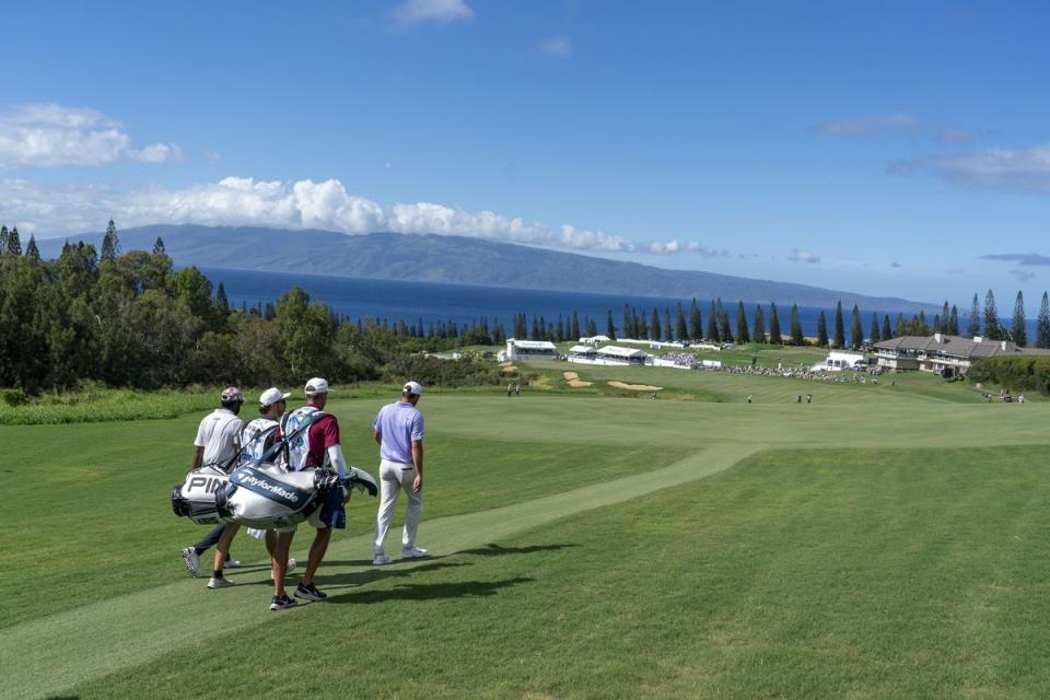 Sahith Theegala and Scottie Scheffler walk the 18th hole during the final round of the 2024 Sentry at the Plantation Course at Kapalua. (Kyle Terada-USA TODAY Sports)