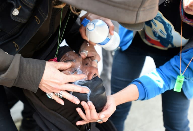 A woman gets milk poured in her eyes after getting sprayed with a chemical irritant as multiple fights break out between Trump supporters and anti-Trump protesters in Berkeley, California on April 15, 2017