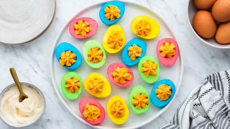 colorful deviled eggs on plate