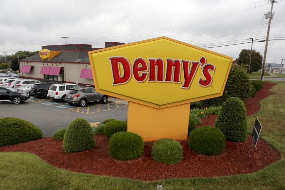 A large sign marks a Denny's restaurant, Thursday, Sept. 14, 2017, in Cranberry, Pa.(AP Photo/Keith Srakocic)