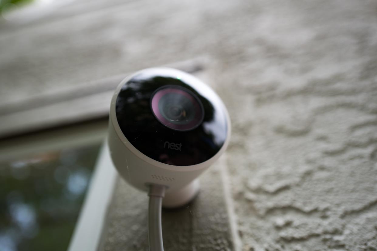 Close-up of weatherproof outdoor Nest home surveillance camera from Google Inc installed in a smart home in San Ramon, California, August 21, 2018. (Photo by Smith Collection/Gado/Getty Images)