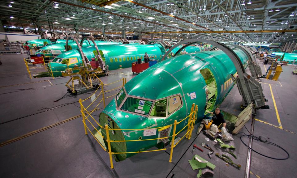 <span>Boeing 737 fuselage sections sit on the assembly floor at Spirit Aerosystems in Wichita, Kansas, US.</span><span>Photograph: Bloomberg/Getty Images</span>