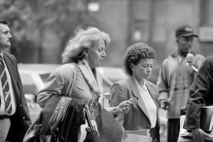 Linda Fairstein, chief of the Manhattan district attorney's sex crimes unit, left, enters court with Elizabeth Lederer, the prosecutor who handled the Central Park jogger case, in August 1990.