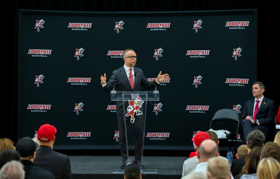 Louisville Basketball coach Pat Kelsey speaks as he is introduced as the new head coach of UofL Mens’s Basketball on Thursday, March 28, 2024