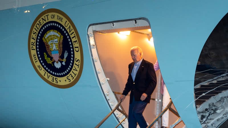 President Joe Biden arrives on Air Force One, Sunday, June 16, 2024, at Andrews Air Force Base, Md. Biden is returning from a fundraiser in Los Angeles, after which a Secret Service agent was robbed at gunpoint in Tustin, Calif.