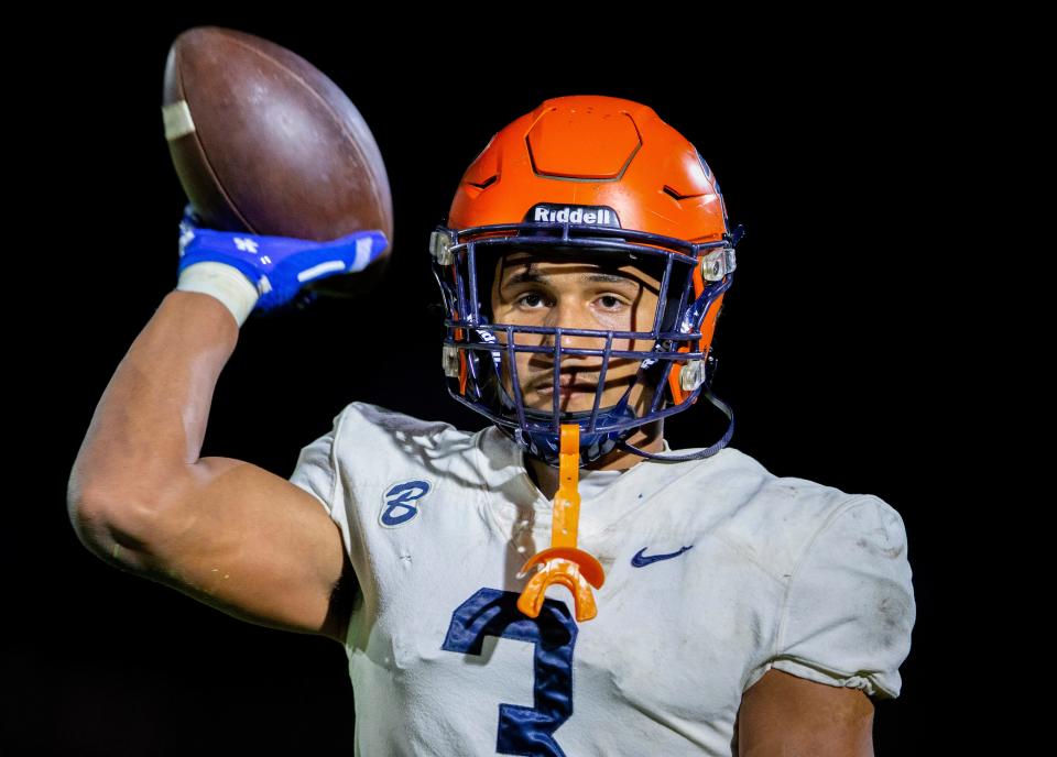 The Benjamin School wide receiver and defensive back Amaree Williams warms up before game against Cardinal Newman in their regional semifinal playoff football game in West Palm Beach on November 17, 2023.