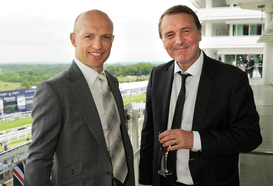 Matt Dawson and Phil Tufnell attend Investec Ladies Day at the Investec Derby Festival in Epsom in 2012.