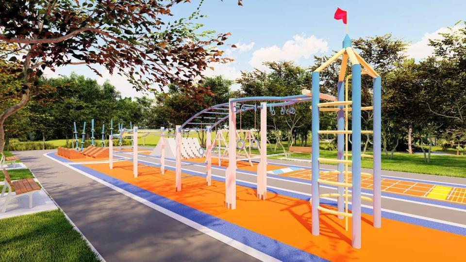 新莊體育園區陽光草坪旁將設置適合12歲以上使用的體健設施。新北市政府體育處提供