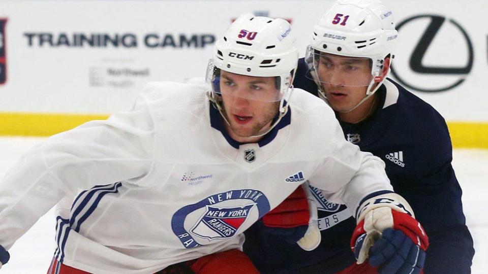 From left, Will Cuylle takes part in the Rangers Prospect Development Camp at the Rangers Training facility in Tarrytown July 12, 2022. Rangers Development Camp