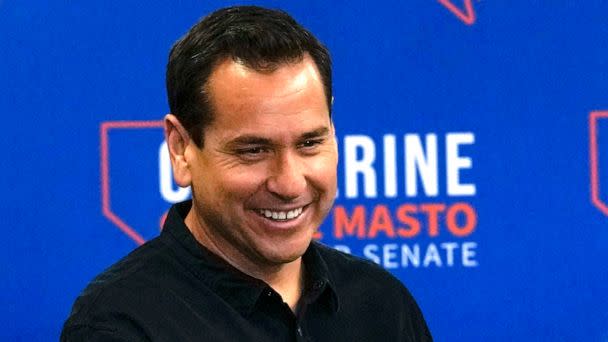 PHOTO: Democratic candidate for Nevada secretary of state, Cisco Aguilar, greets a supporter in Henderson, Nev., Nov. 7, 2022.  (Gregory Bull/AP, FILE)