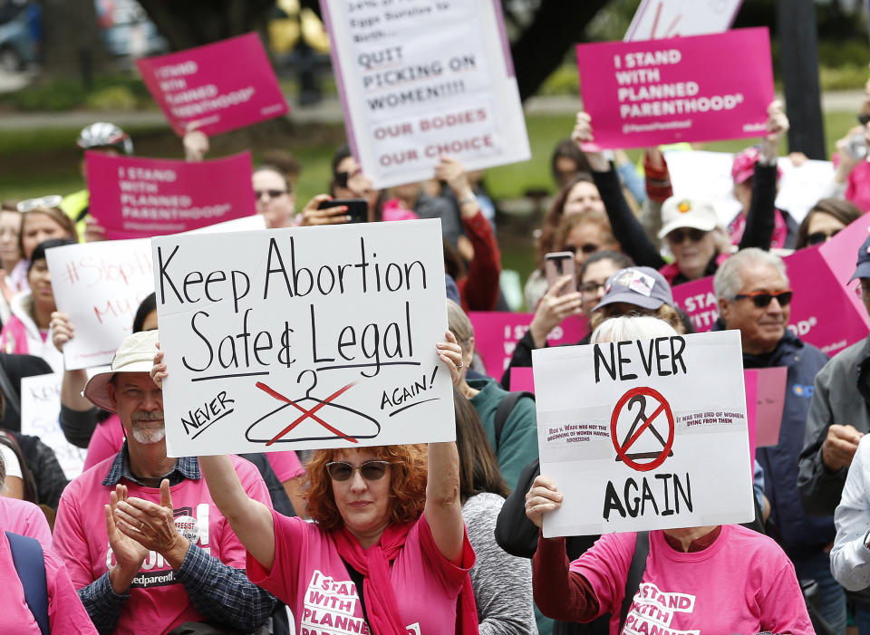 FILE - People rally in support of abortion rights at the state Capitol in Sacramento, Calif., Tuesday, May 21, 2019. California Gov. Gavin Newsom announced, Tuesday, Sept. 13, 2022, a new publicly funded website listing more than 150 statewide abortion clinics. The website is part of Newsom's pledge to make California a sanctuary for women seeking abortions. (AP Photo/Rich Pedroncelli, File)