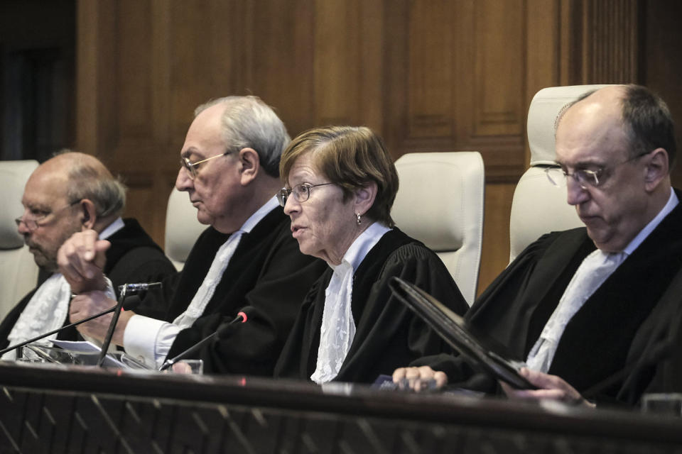 Image: Presiding judge Joan Donoghue, center, speaks during session at the International Court of Justice (Patrick Post / AP)