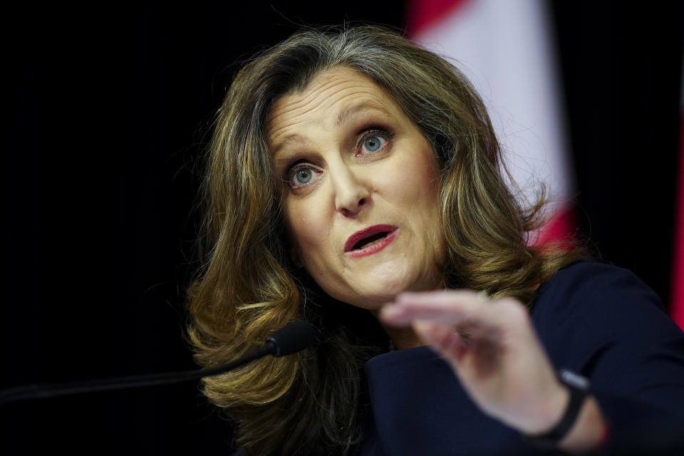 Deputy Prime Minister and Minister of Finance Chrystia Freeland holds a press conference in the media-lockup prior to tabling the Federal Budget in Ottawa, Ontario, on Tuesday, April 16, 2024. (Sean Kilpatrick/The Canadian Press via AP)