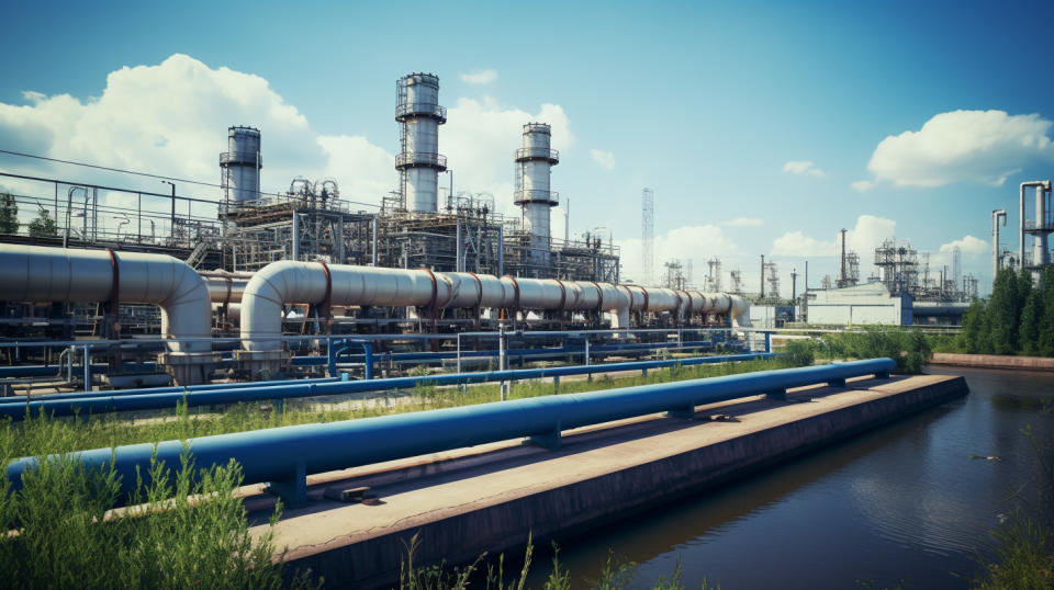 A pumping station with its industrial infrastructure in the background.