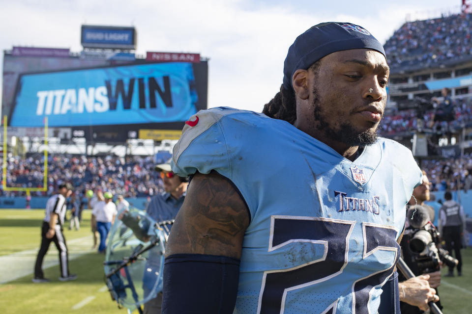 NASHVILLE, TENNESSEE - OCTOBER 24:  Derrick Henry #22 of the Tennessee Titans walks off the field after a game against the Kansas City Chiefs at Nissan Stadium on October 24, 2021 in Nashville, Tennessee.  The Titans defeated the Chiefs 27-3.  (Photo by Wesley Hitt/Getty Images)