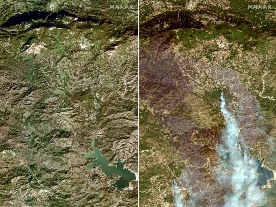 Before and after pictures - the first taken in January and the second on Sunday - show the damage caused by the wildfires (Maxar/Reuters)