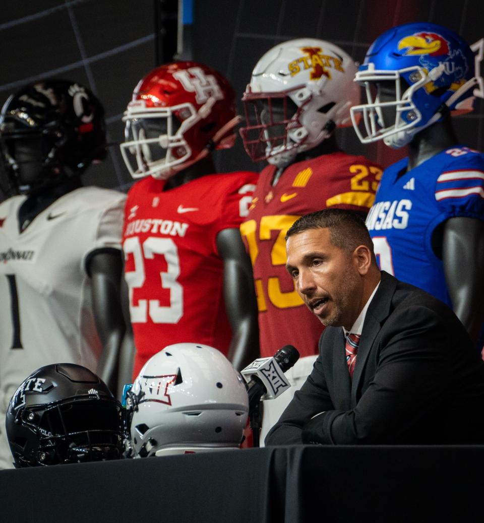 Iowa State football coach Matt Campbell speaks with reporters Thursday on Day 2 of Big 12 Media Days in AT&T Stadium in Arlington, Texas. Campbell said the number of Cyclone football players involved in an ongoing gambling investigation is "minimal."