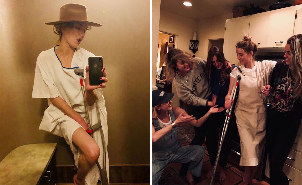 Not even "a broken bone" will stop Amber Heard from attending her friend's dinner party. The actress took to social media to let her fans know she had sustained the injury by posting a photo of herself in a hospital gown and crutches, alongside the caption: "Crutching MRI-chic." The 31-year-old continued to have a sense of humor about the injury - she even attended a party with her new accessories: crutches. "Note: never let a broken bone get in the way of (sic) good dinner party,"  she wrote on March 15, 2018.