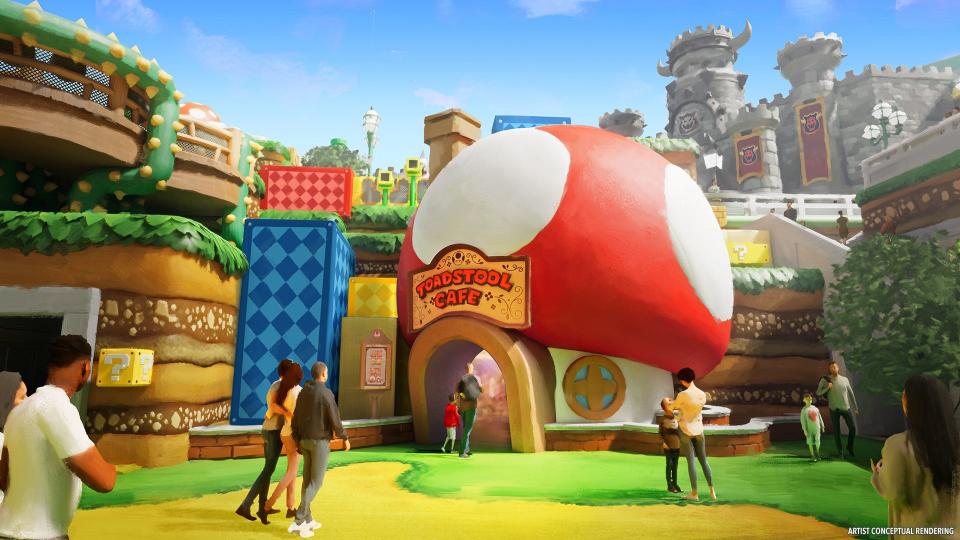 Toadstool Cafe will serve themed dishes like Super Mushroom Soup and Fire Flower Spaghetti and Meatballs.