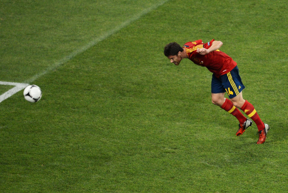 Xabi Alonso of Spain scores the first goal during the UEFA EURO 2012 quarter final match between Spain and France at Donbass Arena on June 23, 2012 in Donetsk, Ukraine. (Photo by Jasper Juinen/Getty Images)