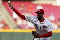 Cincinnati Reds starting pitcher Hunter Greene throws in the first inning of a baseball game against the Philadelphia Phillies, Monday, April 22, 2024, in Cincinnati. (AP Photo/Carolyn Kaster)